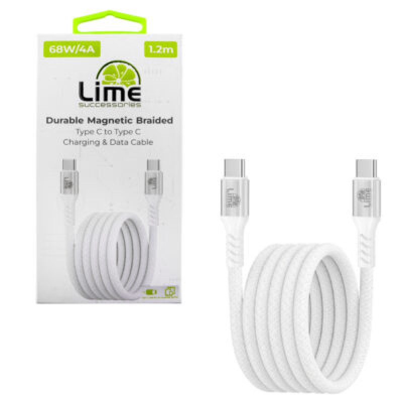 Lime Lime LBMCC01 Ανθεκτικό Μαγνητικό Πλεκτό Καλώδιο USB-C σε USB-C 68W, 1,2m Λευκό (8386565)