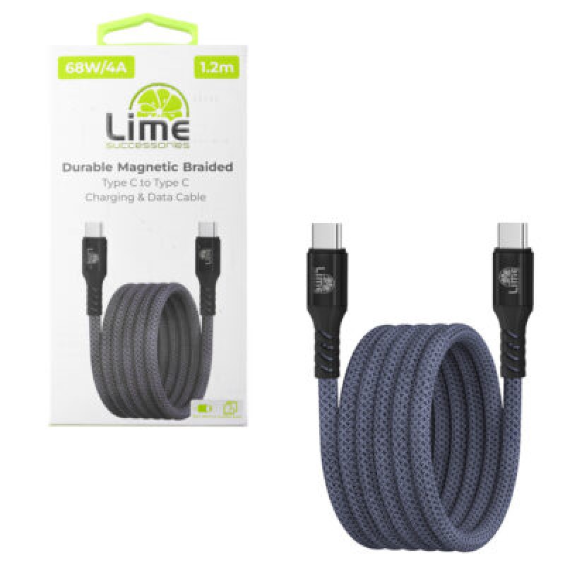 Lime Lime LBMCC02 Ανθεκτικό Μαγνητικό Πλεκτό Καλώδιο USB-C σε USB-C 68W, 1,2m Γκρι (8386633)