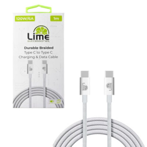 Lime Lime LBCC02 Ανθεκτικό Πλεκτό Καλώδιο USB-C σε USB-C 120W, 1m Λευκό (8386664)