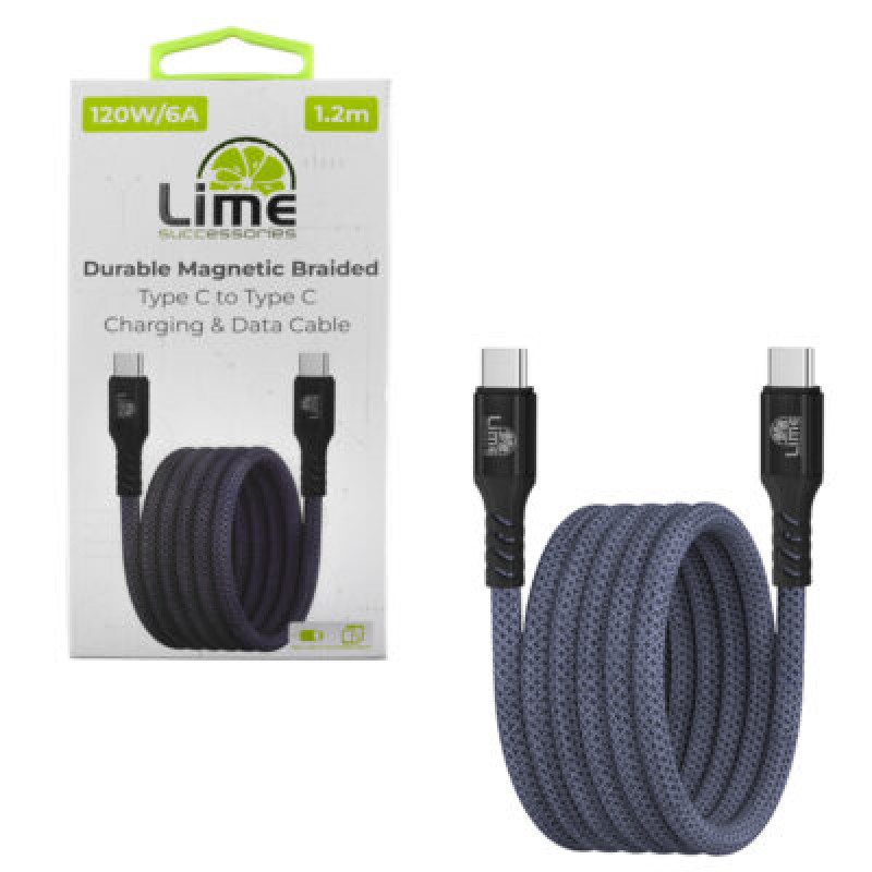 Lime Lime LBMCC04 Ανθεκτικό Μαγνητικό Πλεκτό Καλώδιο USB-C σε USB-C 120W, 1,2m Γκρι (8387555)