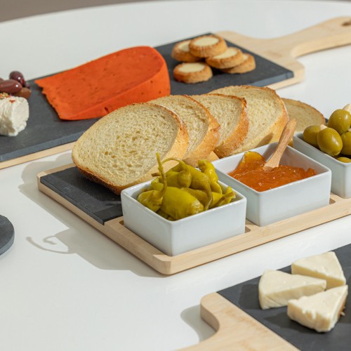 Estia Πλατώ σερβιρίσματος σχιστόλιθου με ξύλινη βάση & 3 μπολ με κουτάλι 28x11cm