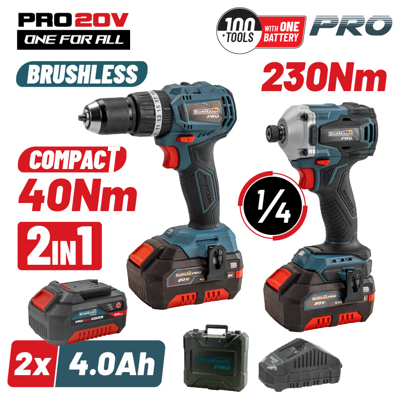 BORMANN Pro BORMANN Pro BBP5003 Σετ Δραπ/βιδο Κρουστικό Compact Brushless 20V & Παλμικό Κατσαβίδι & X2 Μπαταρίες
