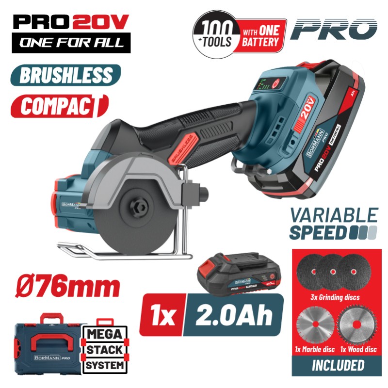 BORMANN Pro BORMANN Pro BBP5418X2CA Μini Brushless Γωνιακός Τροχός Ρυθμιζόμενος 20V, 0-7000/14000/20000rpm,1x2Ah