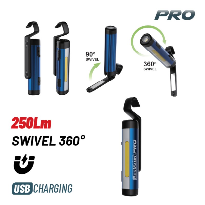 Bormann Φακός/Λάμπα Εργασίας Επαναφορτιζόμενος Led BPR6023 (063384) 250Lm με  Περιστροφή Κεφάλης Pro