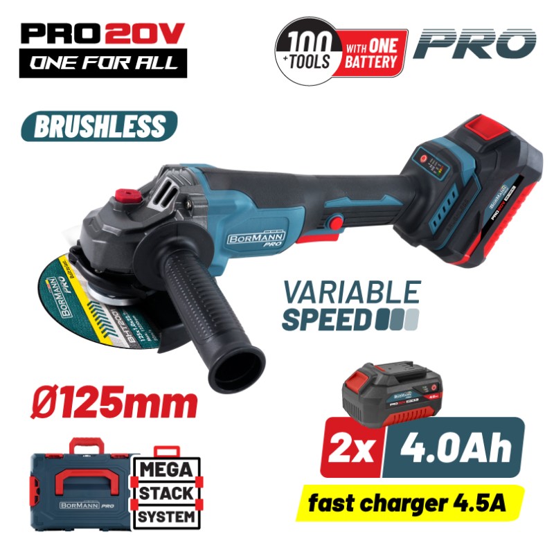 BORMANN Pro BORMANN Pro BBP3651X44CA Γωνιακός Τροχός Brushless Ρυθμιζόμενος 20V, 3000/5400/8000rpm, 2x4.0Ah