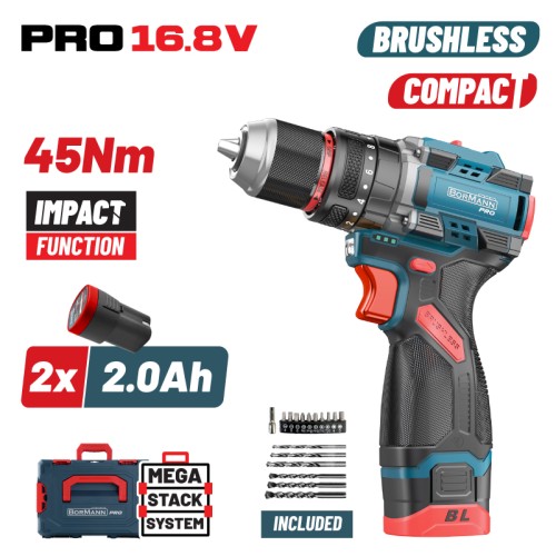 BORMANN Pro BORMANN Pro BBP1645X22CA Δραπανοκατσάβιδο Κρουστικό Compact,Brushless Mπαταρίας 2x2Ah,45Nm