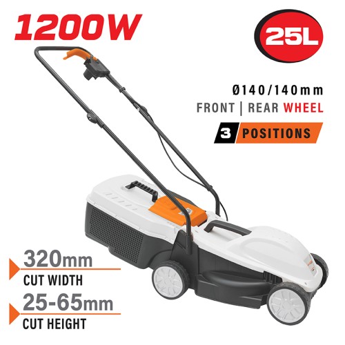 Nakayama NAKAYAMA EM3221 Χλοοκοπτική Ηλεκτρική 1200W,Κοπή 32cm,Κάδος 25L,Ρύθμιση 3 Θέσεων (25/45/65mm)