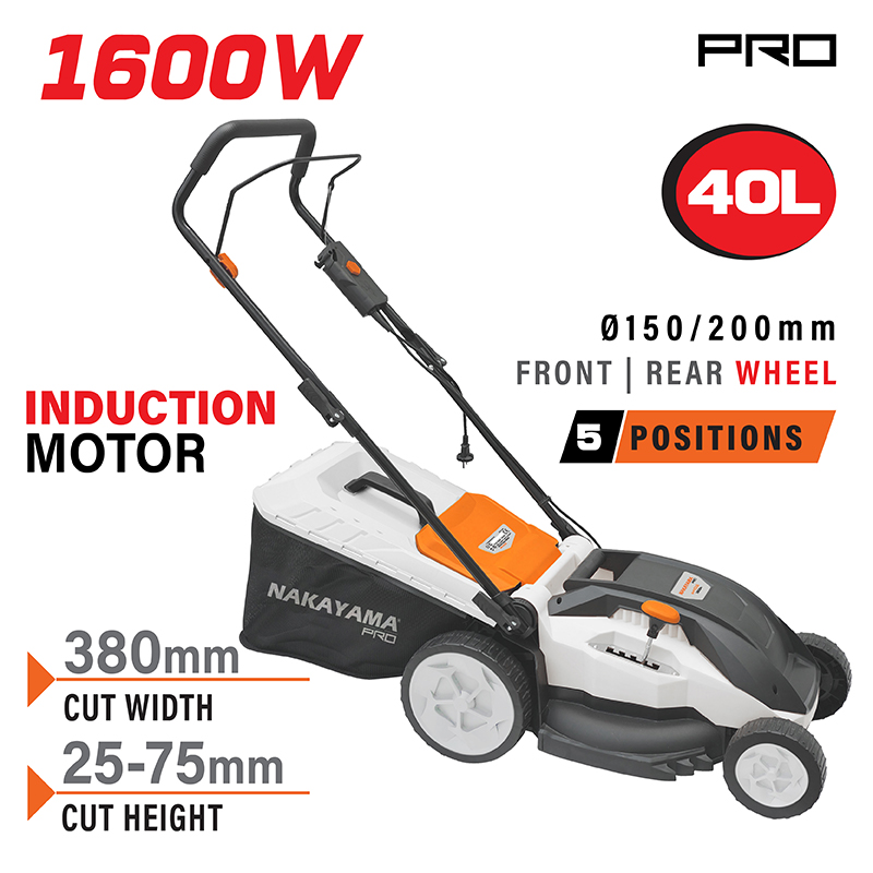 NAKAYAMA PRO NAKAYAMA EM4016 Χλοοκοπτική Ηλεκτρική 1600W με Επαγωγικό Μοτέρ, Κοπή 38cm,Κάδος 40L,Ρύθμιση 5 Θέσεων