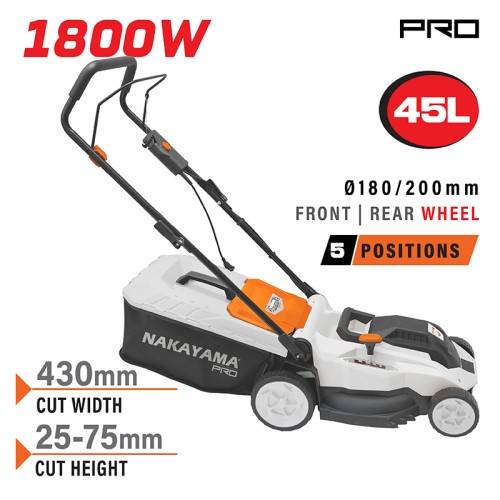NAKAYAMA PRO NAKAYAMA EM4021 Χλοοκοπτική Ηλεκτρική 1800W, Κοπή 43cm, Κάδος 45L, Ρύθμιση 5 Θέσεων (25-75mm)