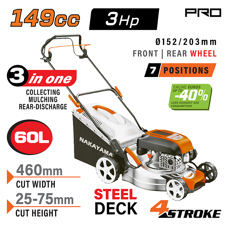 NAKAYAMA PRO NAKAYAMA Pro PM5460 Χλοοκοπτική Βενζίνης,Ωθούμενη, 147cc, Πλάτος Κοπής 46cm, Κάδος 60L, 8 Θέσεις