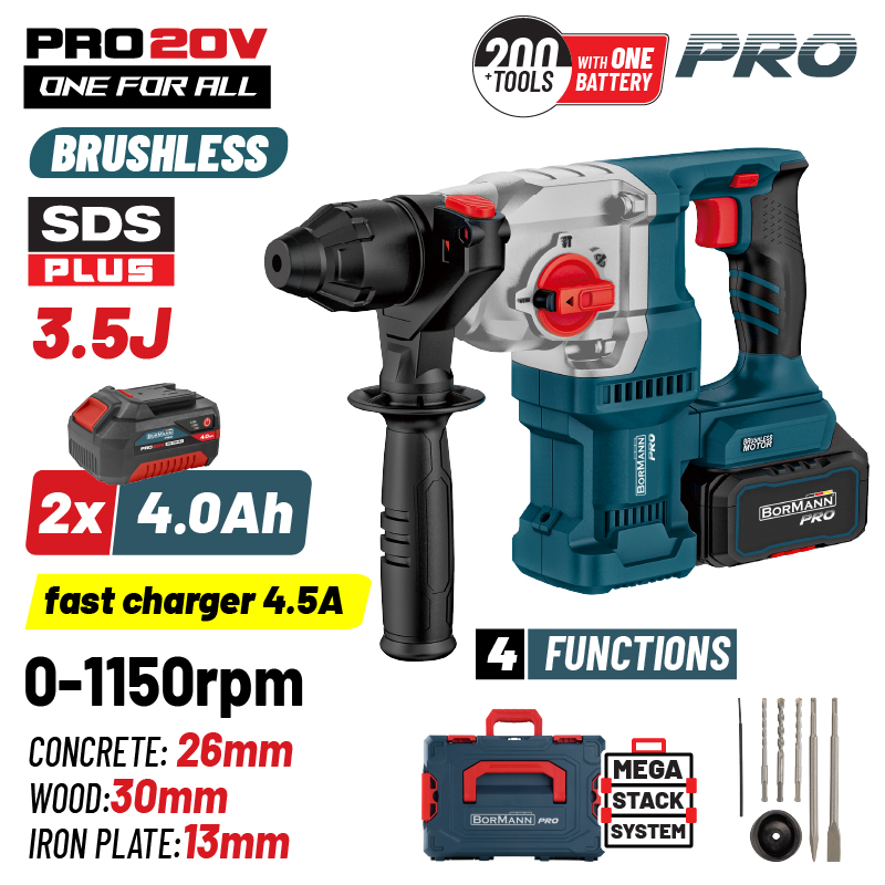 BORMANN Pro BORMANN Pro BBP5316X44CA Πνευματικό Σκαπτικό Μπαταρίας SDS-PLUS Brushless 20V, 2x4.0Ah,3.5J