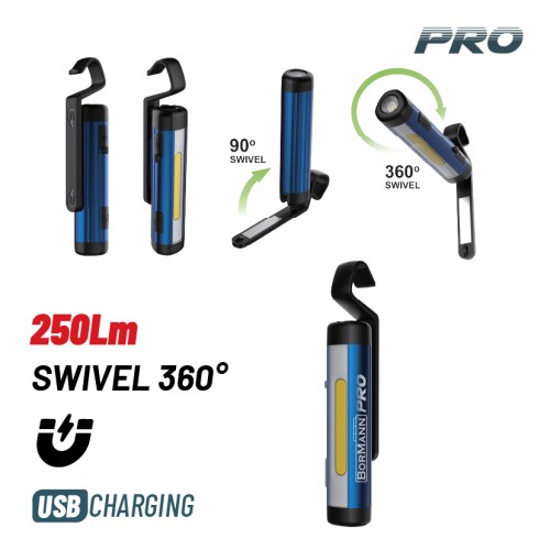 Bormann Φακός/Λάμπα Εργασίας Επαναφορτιζόμενος Led BPR6023 (063384) 250Lm με  Περιστροφή Κεφάλης Pro