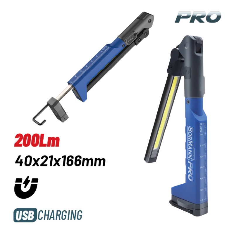 Bormann Φακός Εργασίας Επαναφορτιζόμενος BPR6024 (063391) με Γάντζο και Μαγνήτη  200Lm Pro