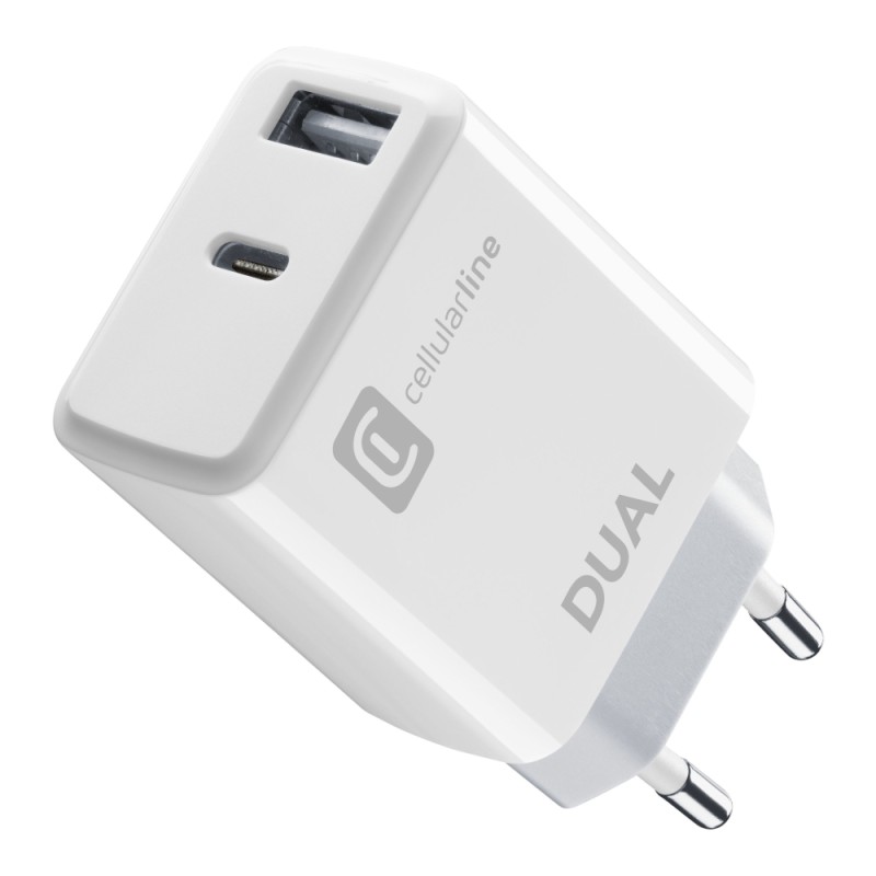 Cellular Line  CELLULAR LINE 414091 Φορτιστής Σπιτιού Dual Charger με Θύρα USB-A και Type-C 20W Λευκός