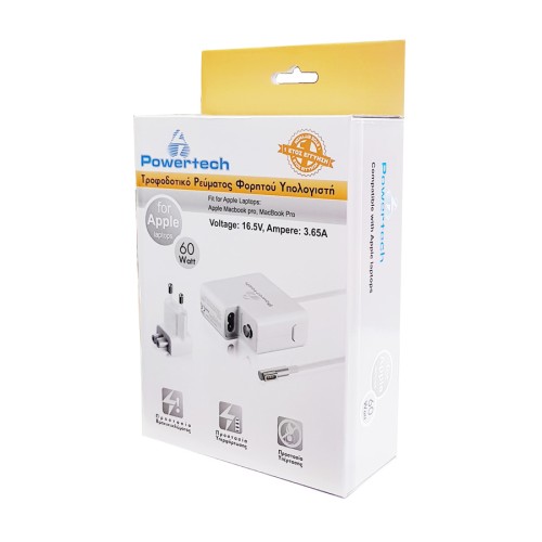 Powertech POWERTECH τροφοδοτικό laptop PT-288 για Apple, 60W, 16.5V/3.65A, λευκό