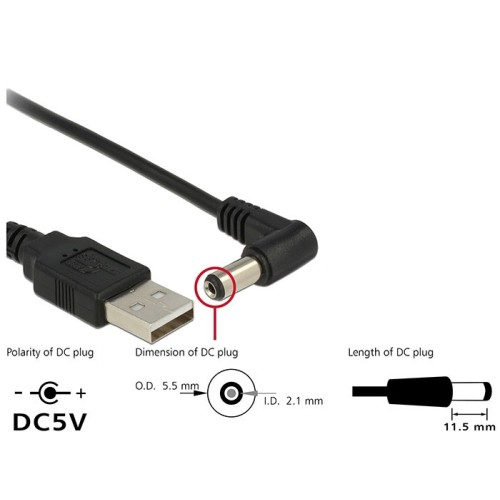 DELOCK DELOCK καλώδιο USB σε DC 5.5 x 2.1mm 83578, γωνιακό, 1.5m, μαύρο