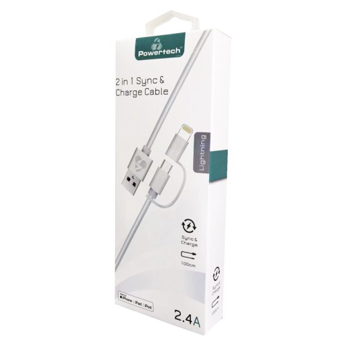 Powertech POWERTECH καλώδιο USB σε Micro/Lightning PT-707, MFi, 2.4A, 1m, λευκό