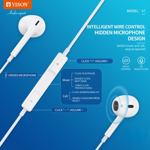 YISON YISON earphones με μικρόφωνο X7, Lightning σύνδεση, Φ14mm, 1.2m, λευκά