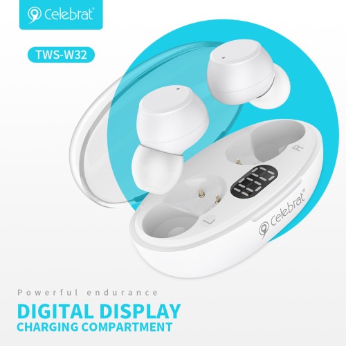 CELEBRAT CELEBRAT earphones με θήκη φόρτισης TWS-W32, True Wireless, Φ8mm, λευκά