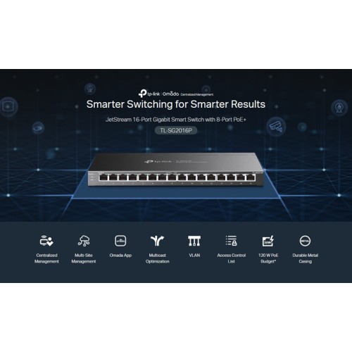 TP-Link TP-LINK JetStream switch TL-SG2016P, 16-Port Gigabit, 8x PoE+, Ver. 1.0