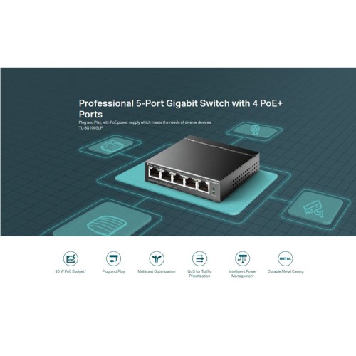 TP-Link TP-LINK desktop switch TL-SG1005LP, 5-Port Gigabit, 4x PoE+, Ver. 2.0