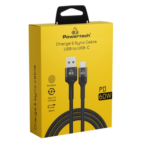 Powertech POWERTECH καλώδιο USB σε USB-C PTR-0129, PD 60W, copper, 60cm, μαύρο