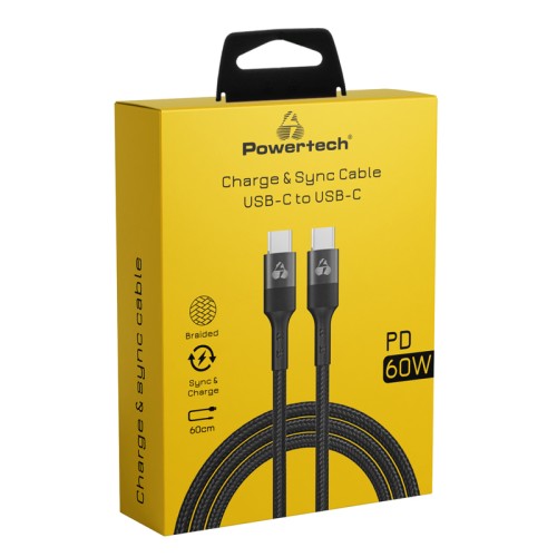 Powertech POWERTECH καλώδιο USB-C PTR-0131, PD 60W, copper, 60cm, μαύρο
