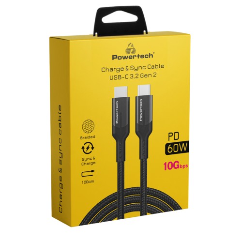 Powertech POWERTECH καλώδιο USB-C PTR-0135, PD 60W, 10Gbps, copper, 1m, μαύρο
