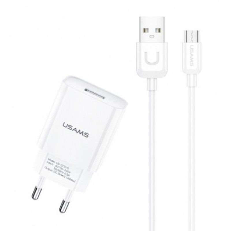 USAMS USAMS φορτιστής τοίχου T21OCMC01 με καλώδιο Micro USB, USB 2.1A, λευκός