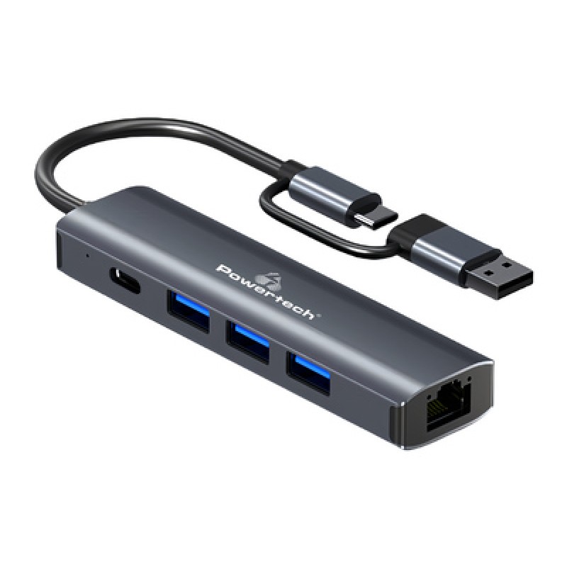 Powertech POWERTECH USB hub PTR-0150 με θύρα δικτύου, 4 θυρών, USB & USB-C, γκρι
