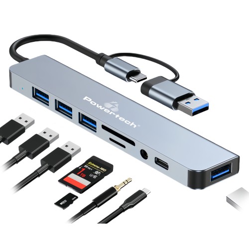 Powertech POWERTECH USB hub PTR-0151 με card reader, 8 θυρών, USB & USB-C, γκρι