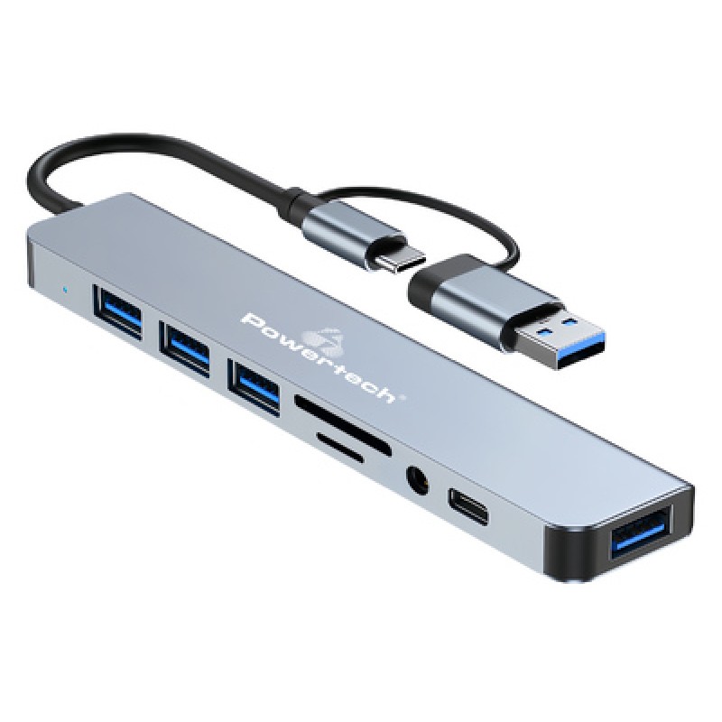 Powertech POWERTECH USB hub PTR-0151 με card reader, 8 θυρών, USB & USB-C, γκρι