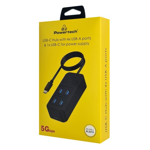 Powertech POWERTECH USB 3.2 hub PTR-0156 4x θυρών, 5Gbps, USB-C σύνδεση, 1m, μαύρο