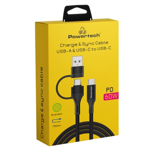 Powertech POWERTECH καλώδιο USB & USB-C σε USB-C PTR-0158, PD 60W, copper, 1.5m, μαύρο