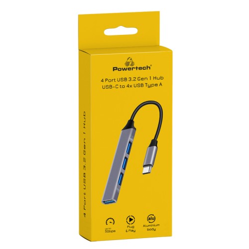 Powertech POWERTECH USB hub PT-1113, 4x θυρών, 5Gbps, USB-C σύνδεση, γκρι