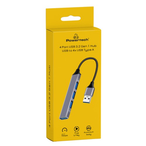 Powertech POWERTECH USB hub PT-1114, 4x θυρών, 5Gbps, USB σύνδεση, γκρι