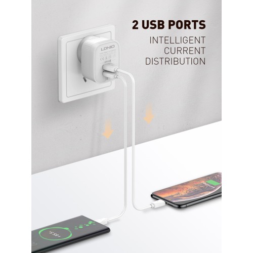 LDNIO LDNIO φορτιστής τοίχου A201 με καλώδιο USB-C, 2x USB, 12W, λευκός