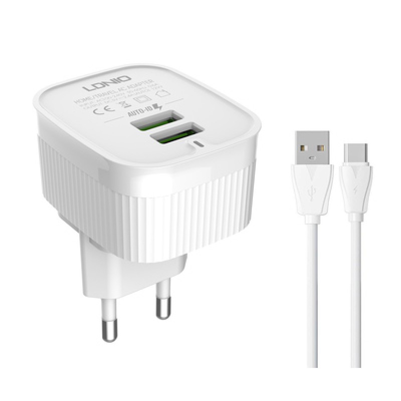 LDNIO LDNIO φορτιστής τοίχου A201 με καλώδιο USB-C, 2x USB, 12W, λευκός