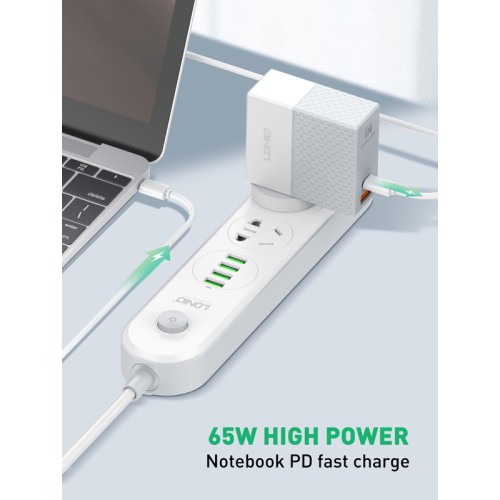 LDNIO LDNIO φορτιστής τοίχου A2620C με καλώδιο, USB & USB-C, 65W PD, λευκός
