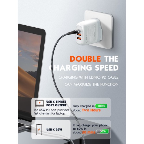 LDNIO LDNIO φορτιστής τοίχου A3511Q με καλώδιο, USB-C/2x USB, 65W, GaN, λευκός