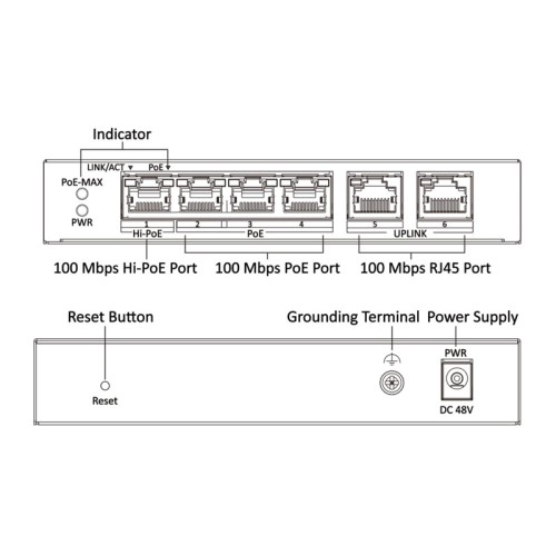 Hikvision HIKVISION Managed switch DS-3E1106HP-EI, 4x PoE & 2x RJ45 ports, 100Mbps