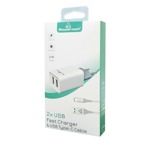 Powertech POWERTECH φορτιστής τοίχου PT-776 με καλώδιο USB-C, 2x USB, 2.1A, λευκό