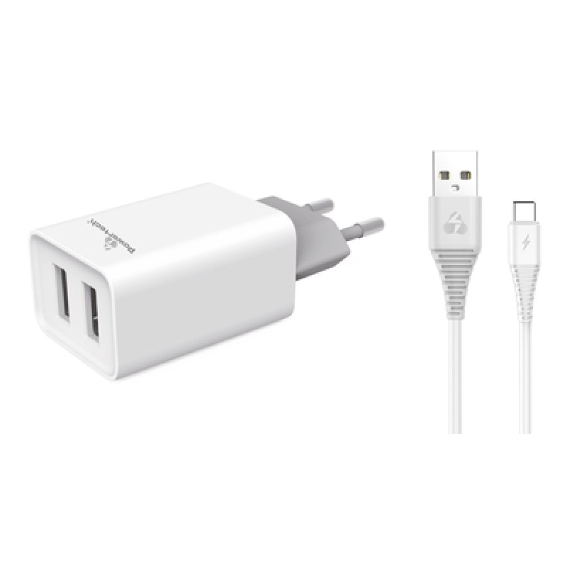 Powertech POWERTECH φορτιστής τοίχου PT-776 με καλώδιο USB-C, 2x USB, 2.1A, λευκό