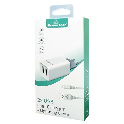 Powertech POWERTECH φορτιστής τοίχου PT-777, καλώδιο Lightning, 2x USB 2.1A, λευκό