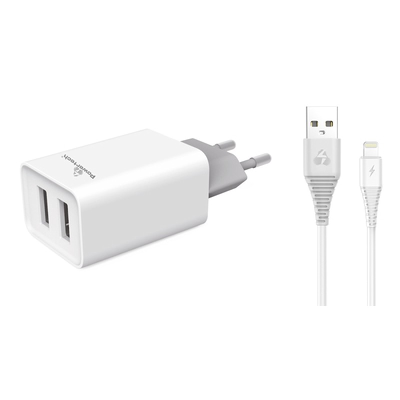 Powertech POWERTECH φορτιστής τοίχου PT-777, καλώδιο Lightning, 2x USB 2.1A, λευκό