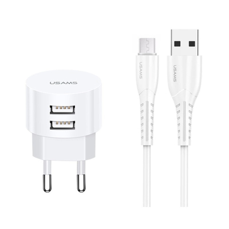USAMS USAMS φορτιστής τοίχου T20 & καλώδιο Micro USB, 2x USB, 2.1A, λευκός