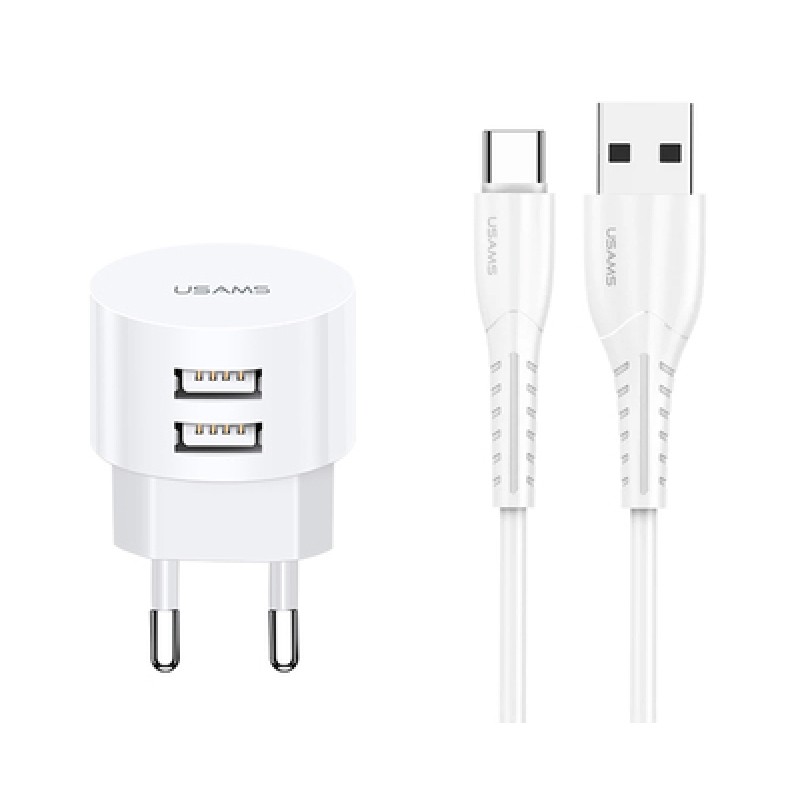 USAMS USAMS φορτιστής τοίχου T20 & καλώδιο type-C, 2x USB, 2.1A, λευκός
