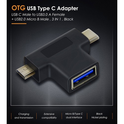 CABLETIME CABLETIME αντάπτορας USB σε USB-C & micro USB CT-3IN1-AB, 5Gbps, μαύρος