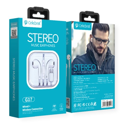CELEBRAT CELEBRAT earphones με μικρόφωνο G17, Lightning, Φ14mm, 1.2m, λευκά