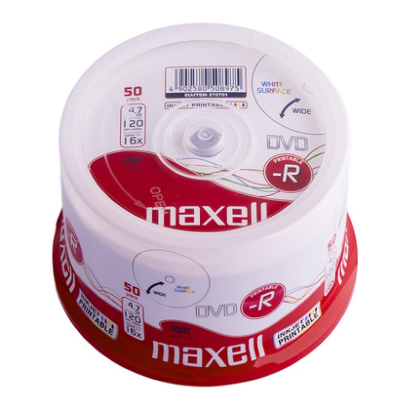 Maxell MAXELL DVD-R 275701, 4.7GB, 120min, 16x speed, printable, Cake 50τμχ